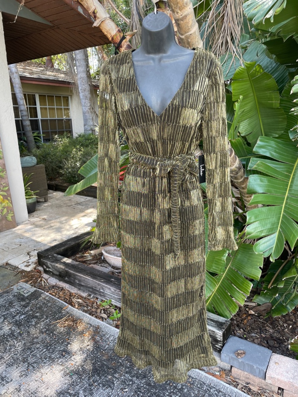 lulu’s metallic gold, sheer sleeve midi dress